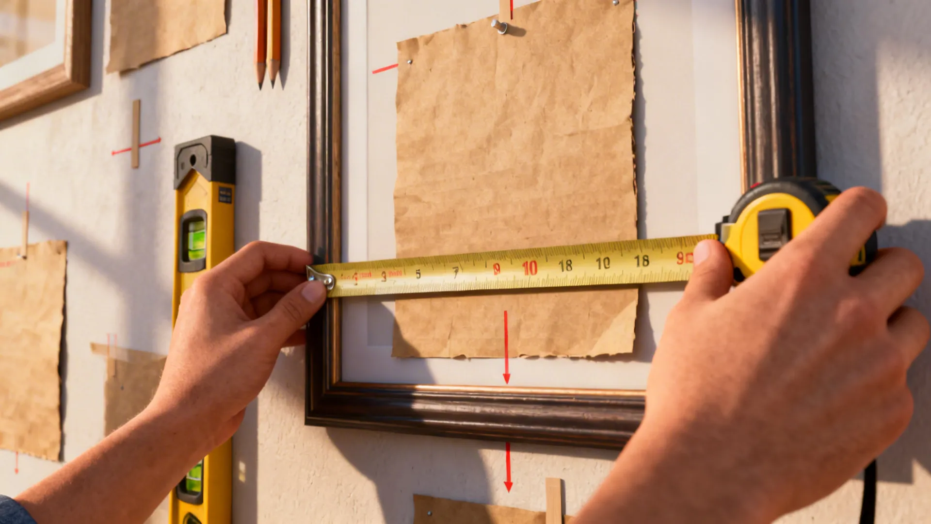 Hands measuring and hanging a frame with kraft paper mockups and a tape measure.