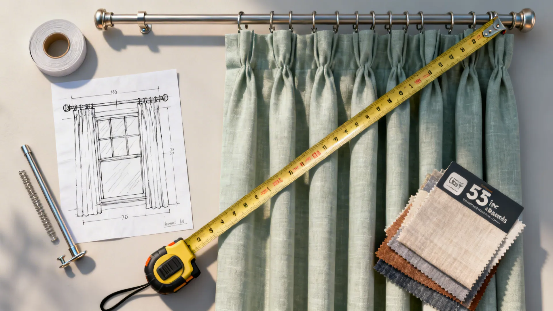 Green window curtains with tape measure fabric samples and interior design drawing for measuring window