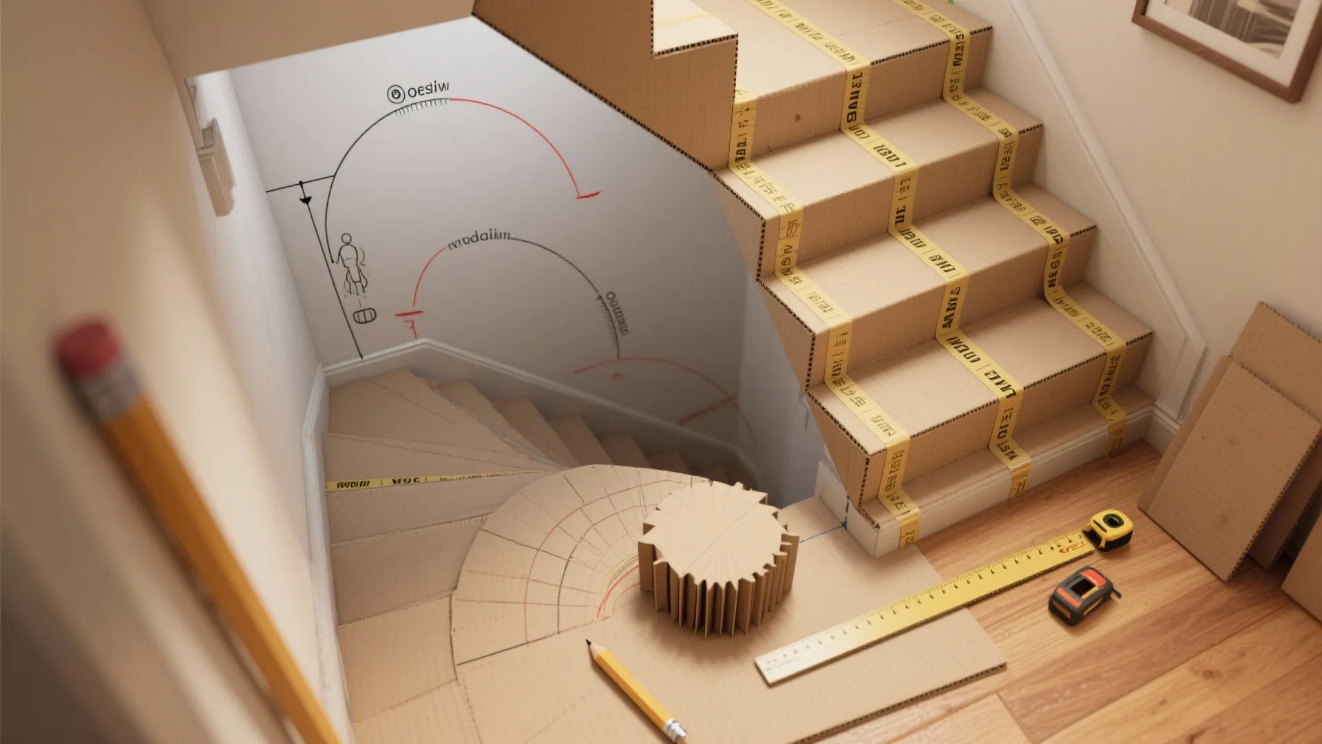 Interior design drawing with cardboard stair model and measuring tools on a wooden floor surface
