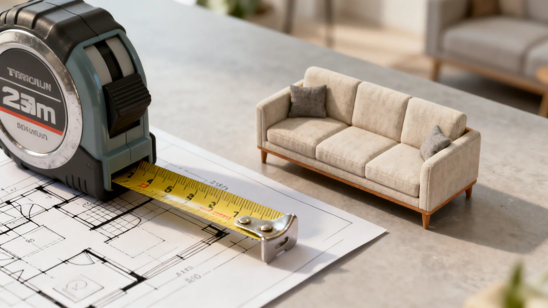 Close-up of measuring tape, sofa model and floorplan sketch for planning sofa size.