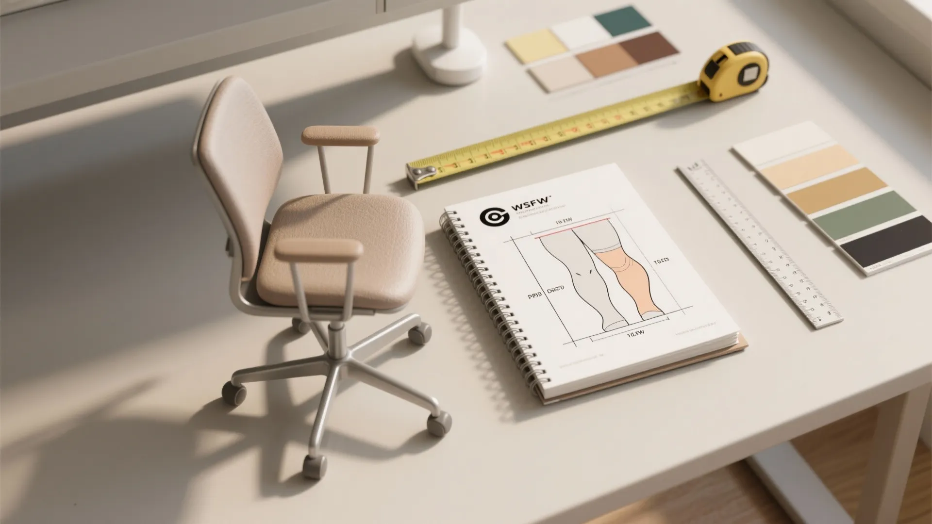 Chair model on white desk with notebook sketches measuring tape ruler and color palette cards