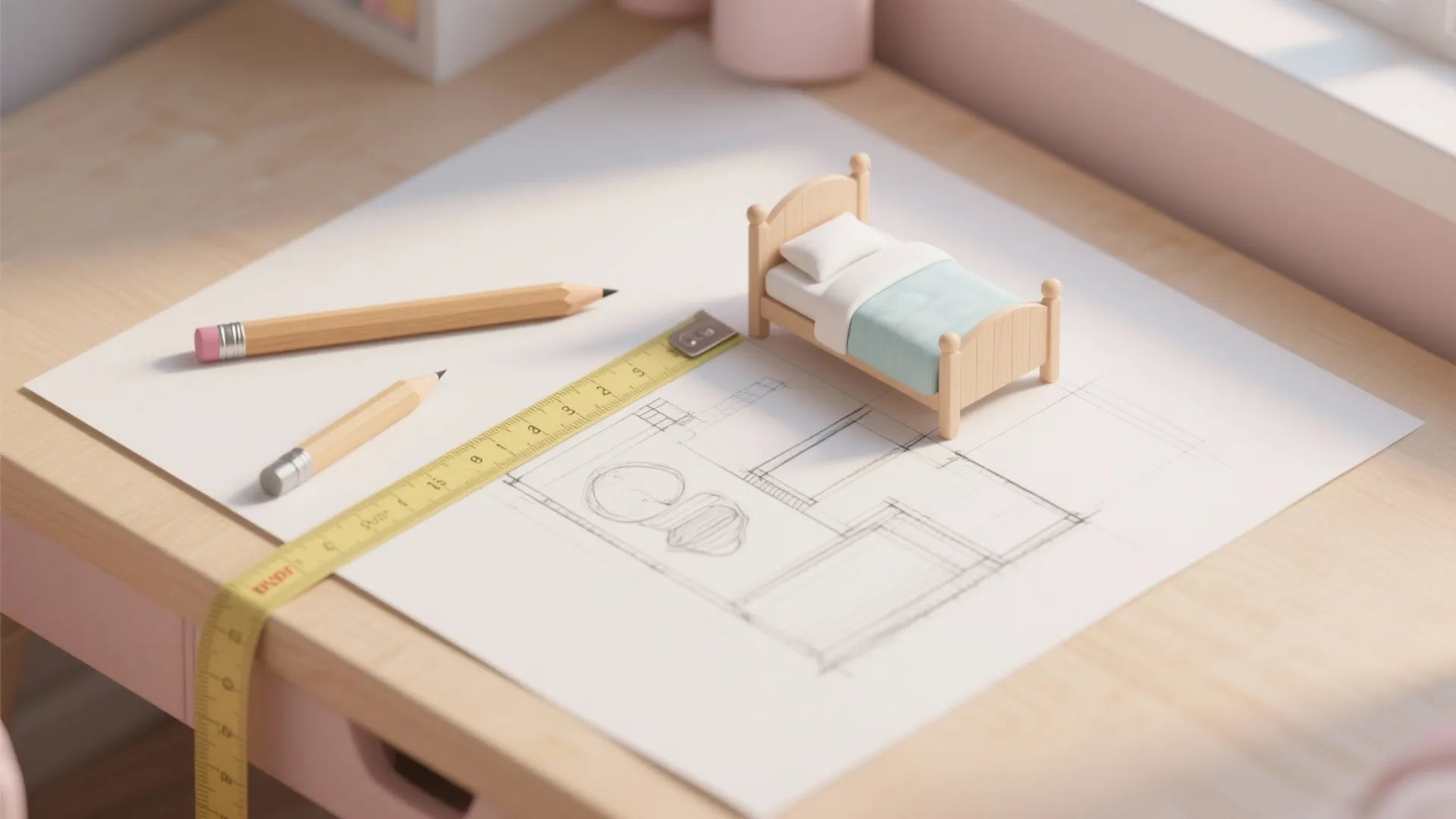 Top-down view of a sketch, tape measure, and ruler used to plan toddler bed clearances.