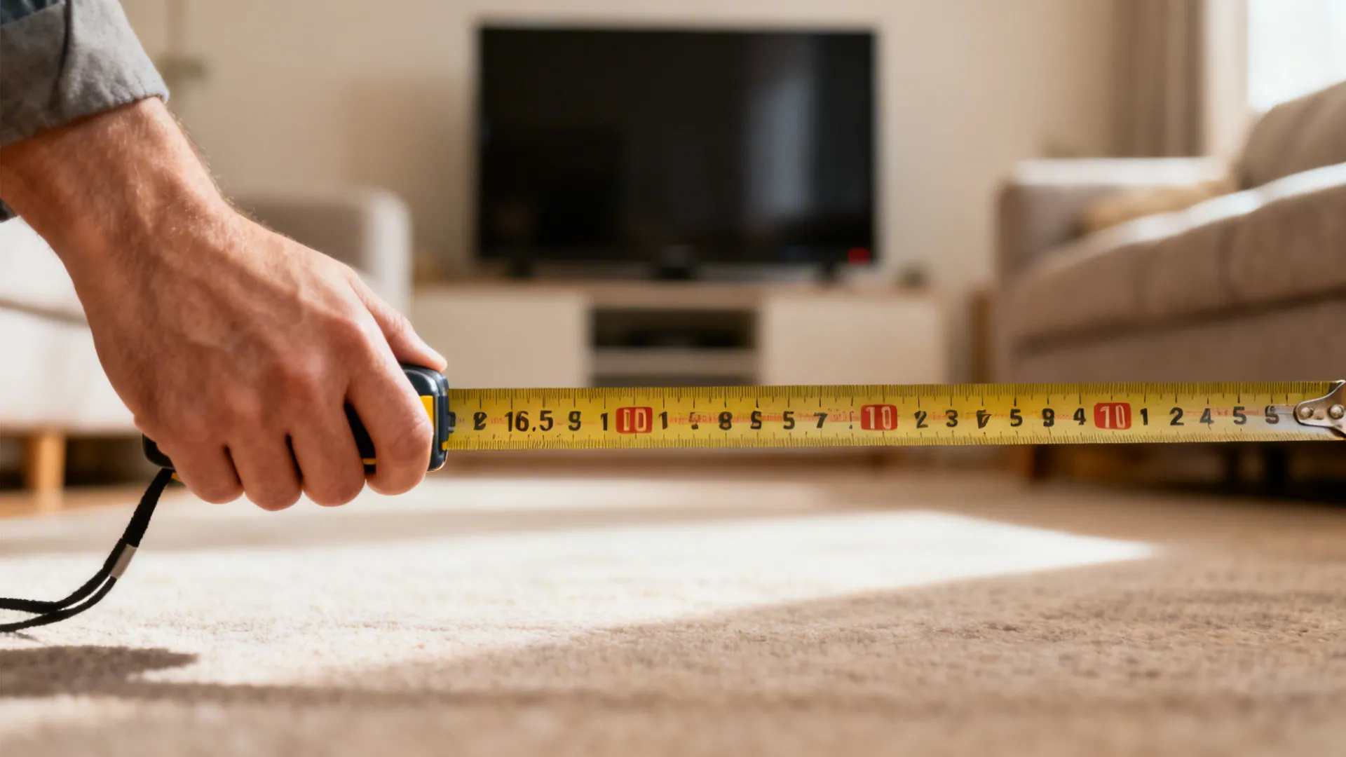 Hand holding a tape measure toward a TV, demonstrating how to measure viewing distance.