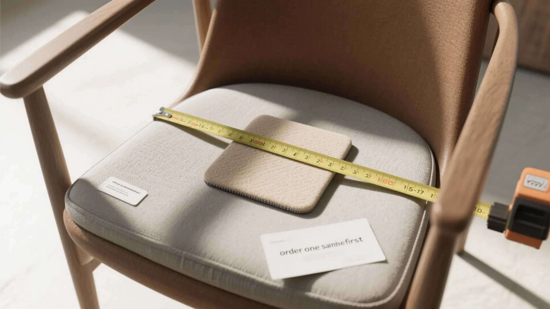 A yellow tape measure sits on a wooden chair with light grey soft seat cushion