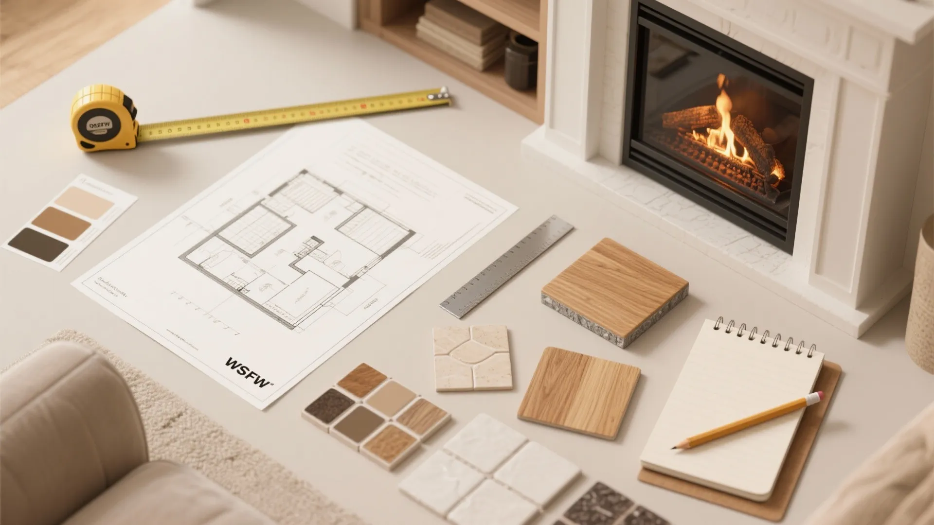Interior design drawing with measuring tape wood samples color tiles and notebook near a fireplace