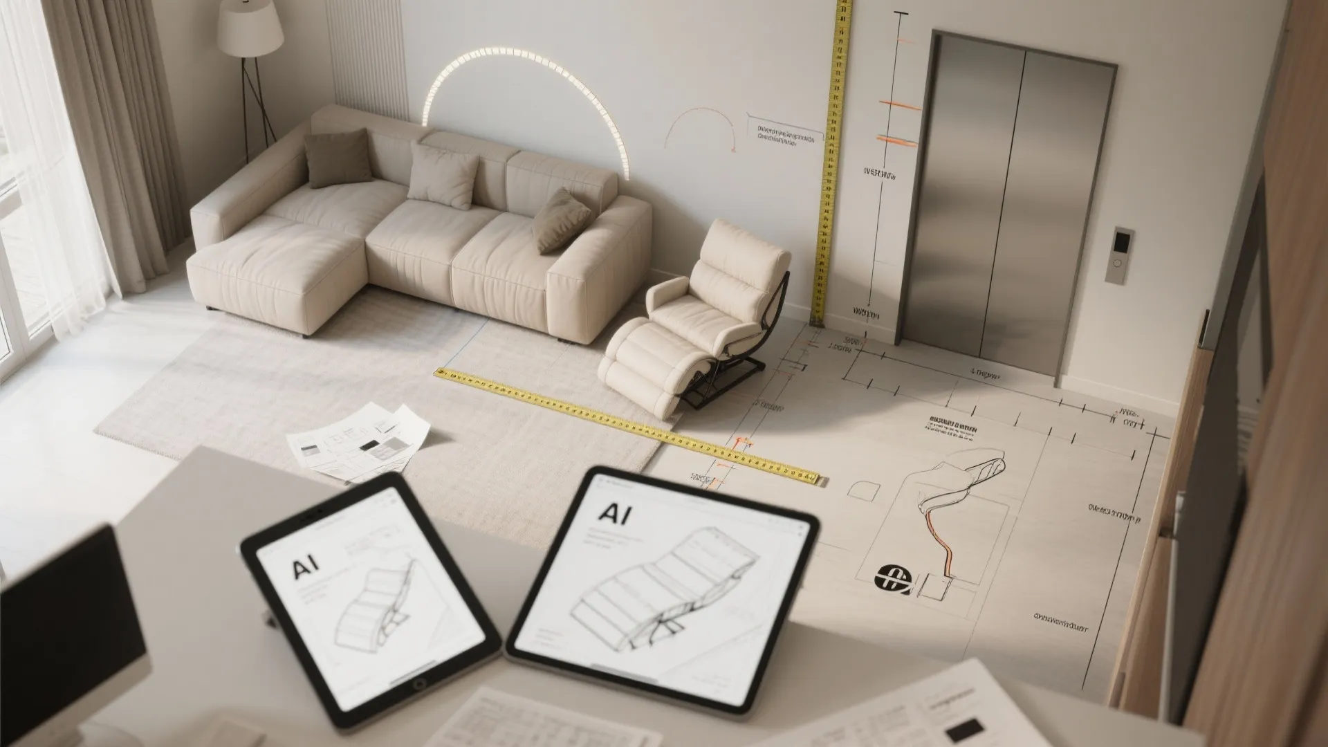 Interior design drawing showing measuring tapes and floor plan layout on living room floor boards