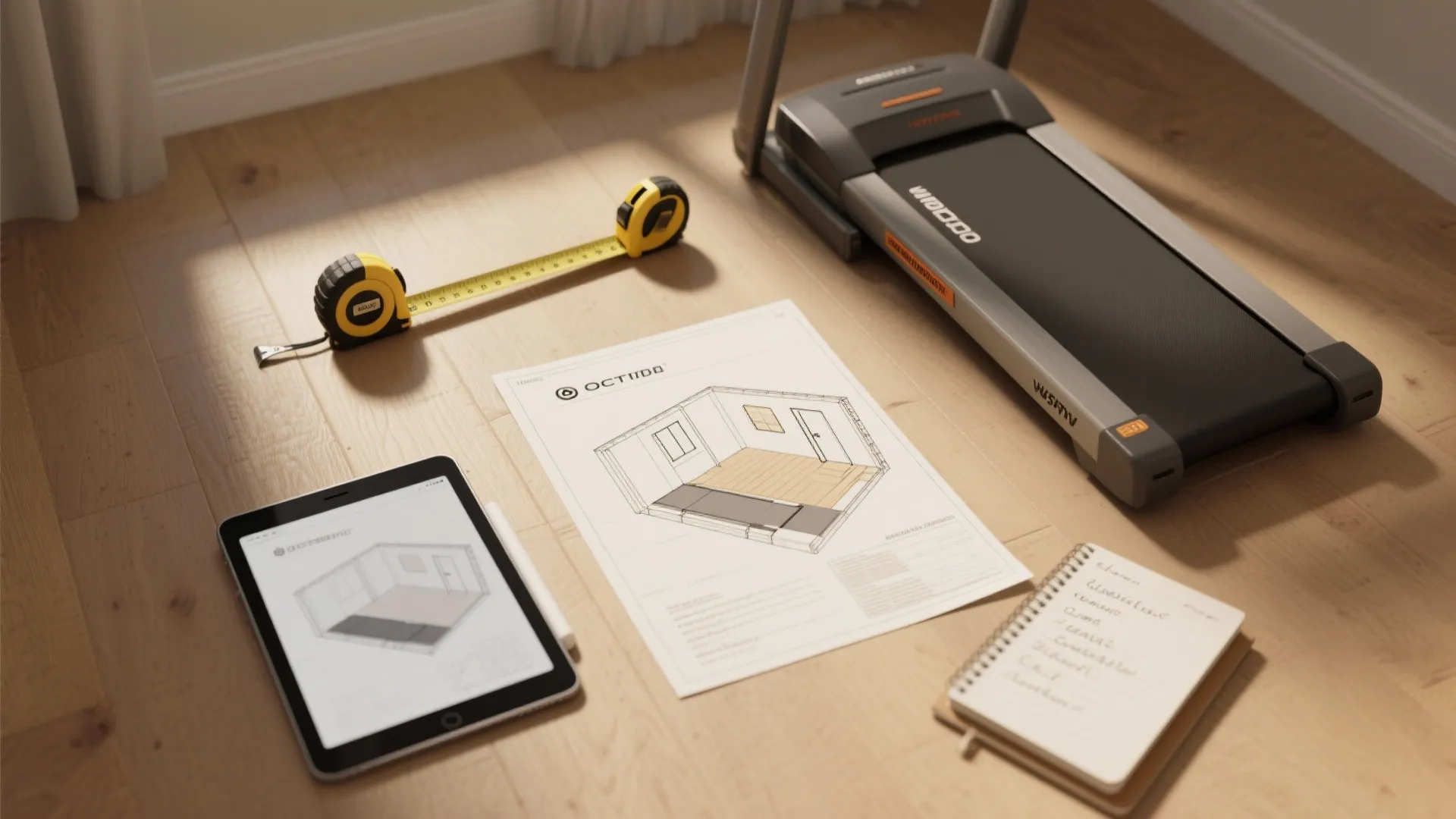 Flatlay of tape measure, 3D floor plan on tablet, and notes for measuring treadmill clearance and delivery path.