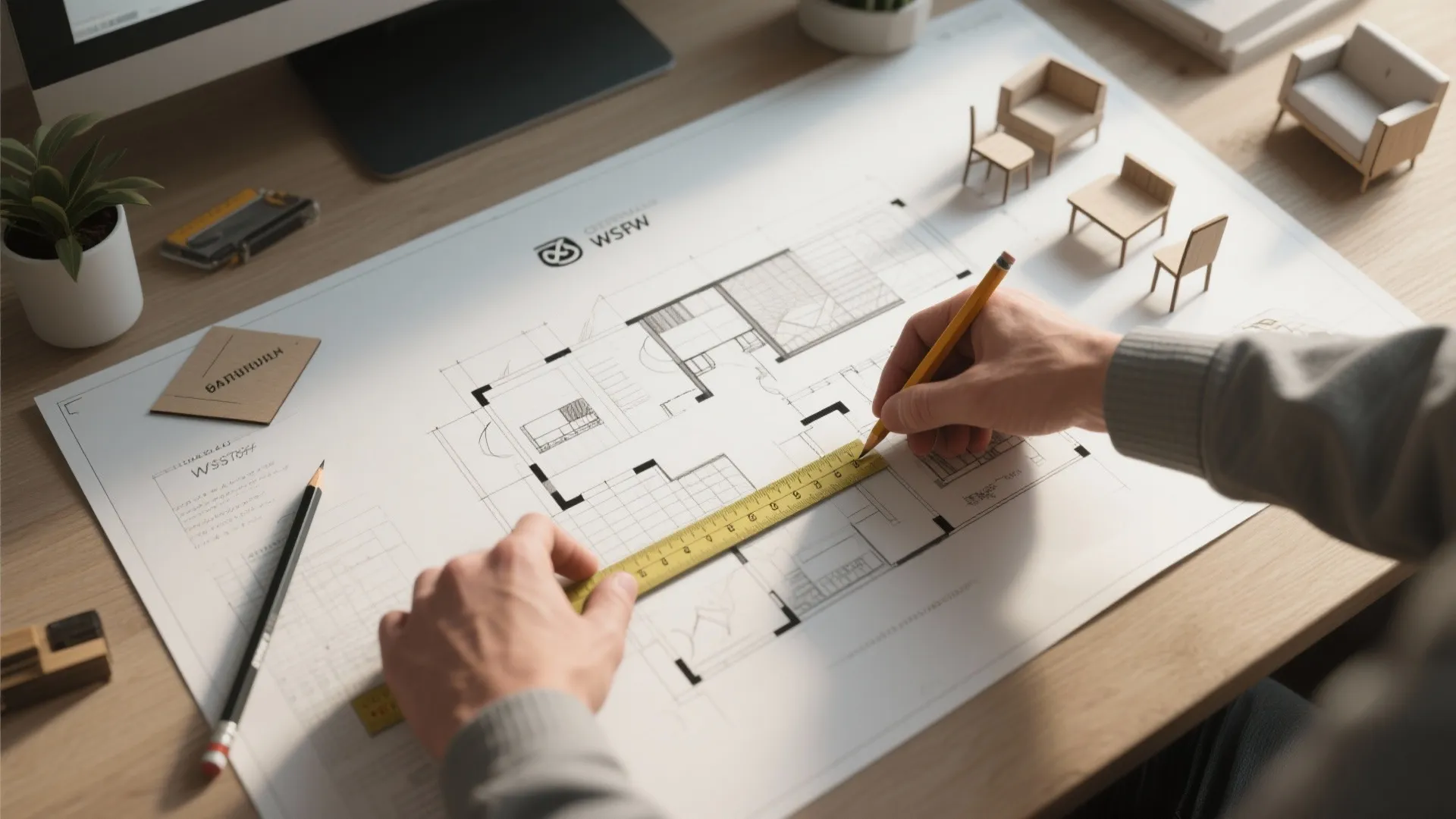 Hands measuring a house floor plan with a yellow ruler and pencil on a wooden desk