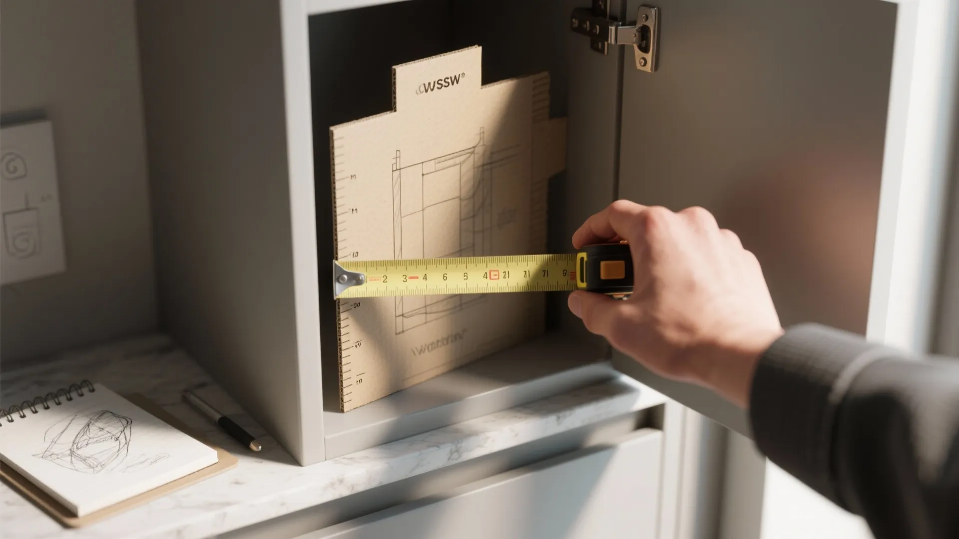 Hand using a yellow measuring tape to measure a cardboard template inside a grey cabinet