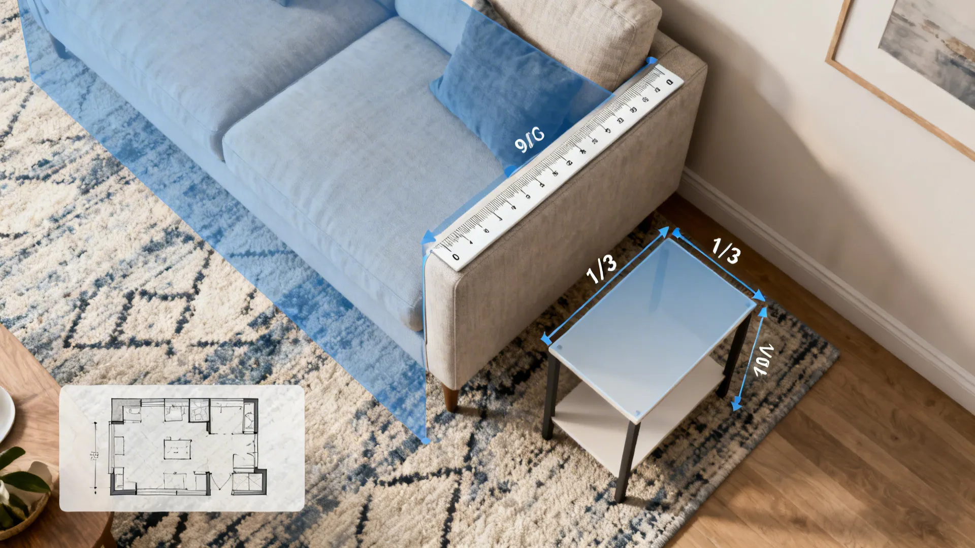 Top-down layout showing sofa arm measurement and proportion overlay for selecting end table size