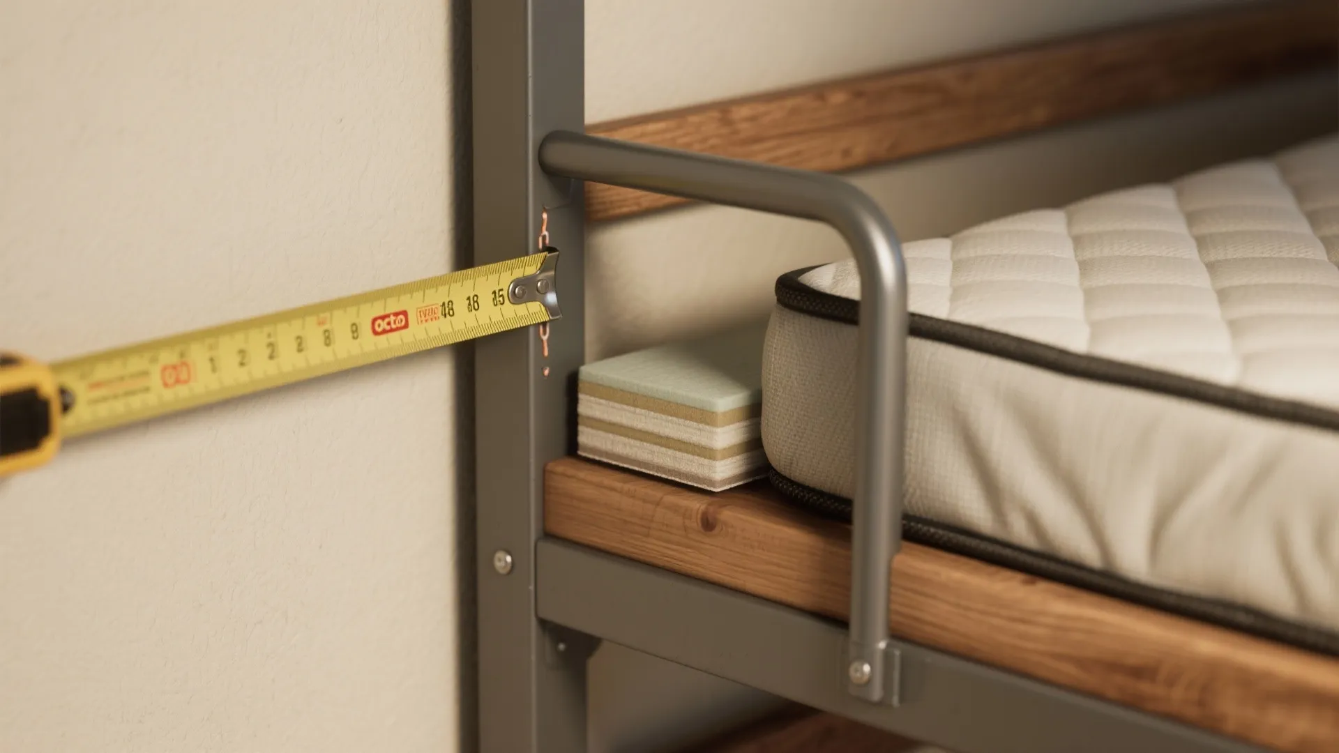 Macro shot of measuring tape, mattress edge and guardrail showing clearance and safety details for bunk beds.