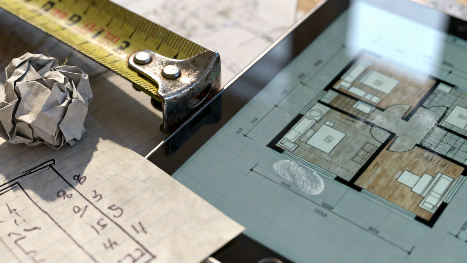Close-up of measuring tape, measurements, and a 3D floor plan on a tablet