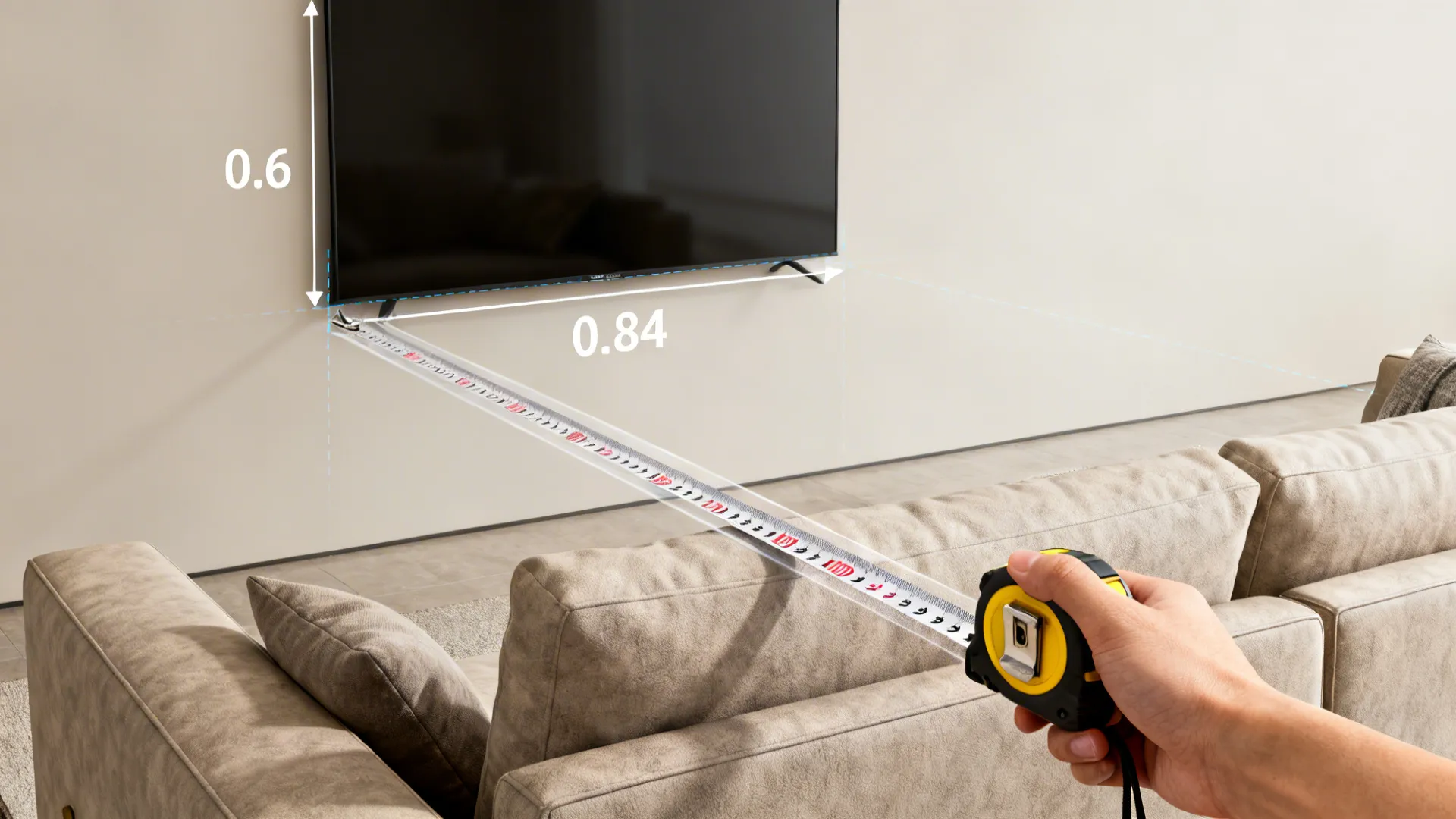 Hand measuring viewing distance from sofa to TV with measurement overlay showing multipliers