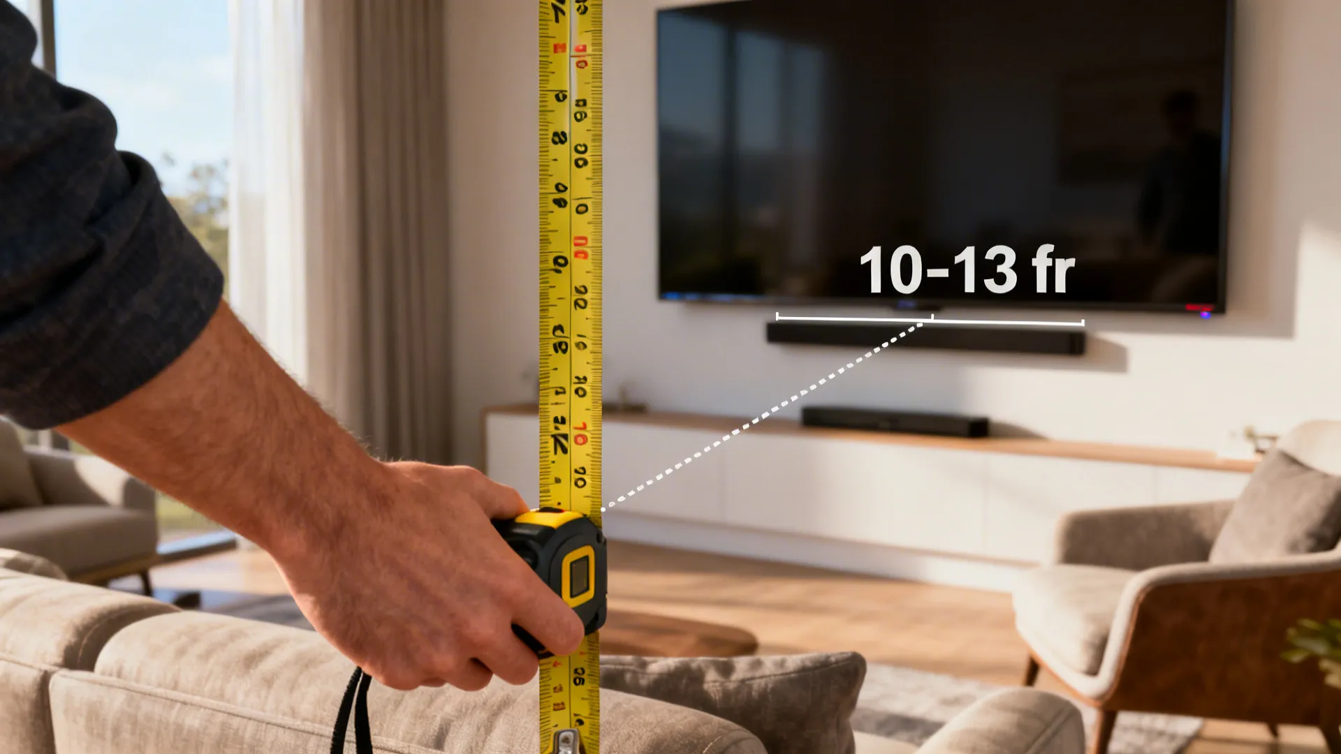 Person measuring viewing distance toward an 85-inch TV, showing recommended 10–13 feet.