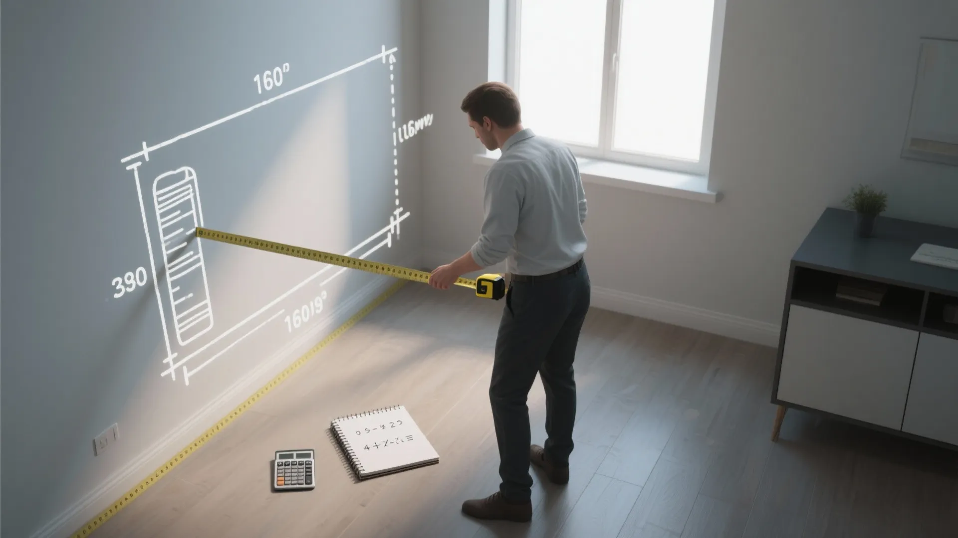 Man using tape measure on grey wall with digital room layout notes and a calculator