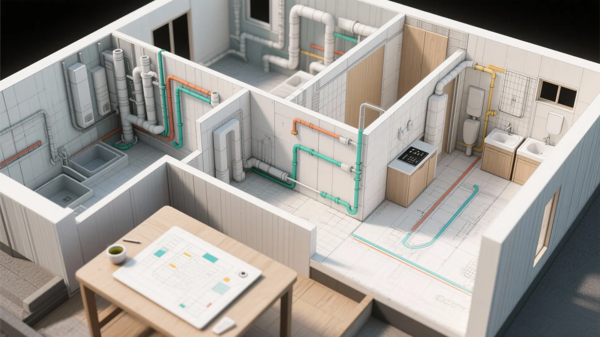 3D interior design drawing showing colorful plumbing pipes inside walls with a desk and plan