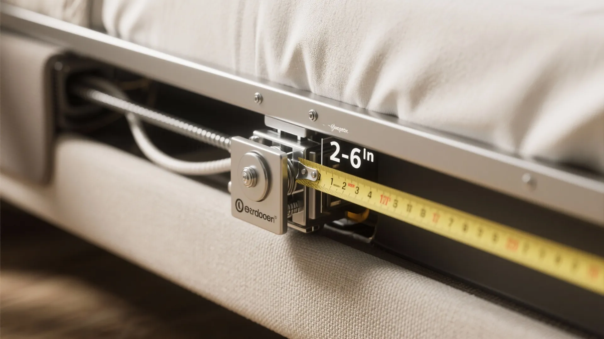 Close-up of adjustable bed mechanism with a measuring tape indicating recommended clearance