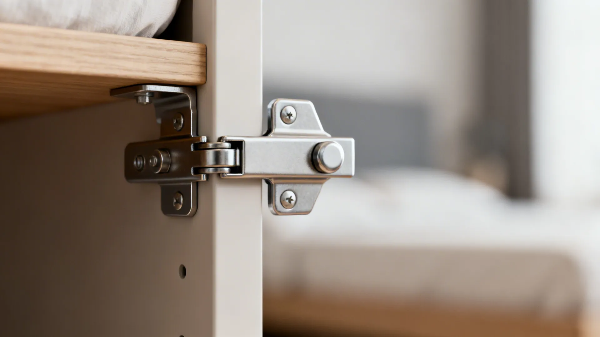 Close up of a metal hinge attached to a white cabinet door and wooden shelf