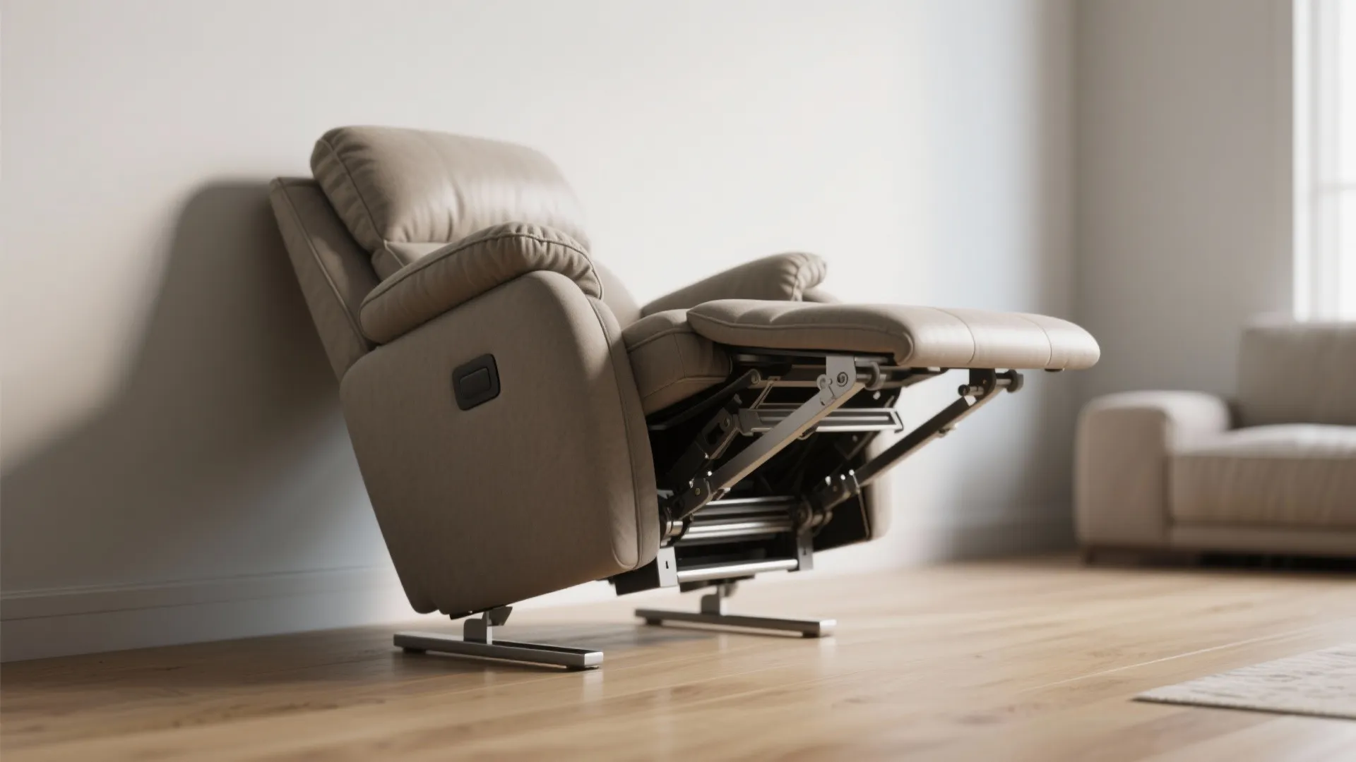 Side view of a beige leather reclining chair with metal mechanism visible on wood flooring