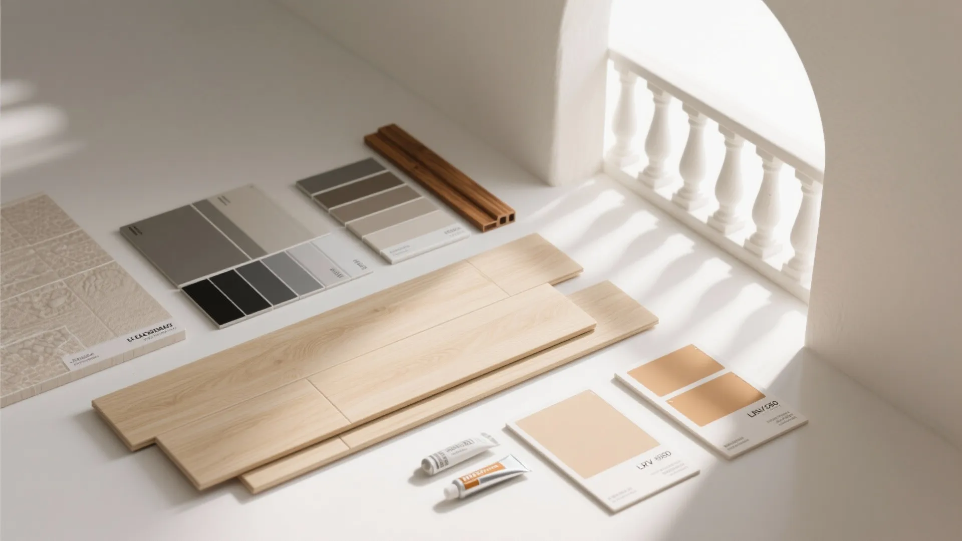 Interior design materials featuring light wood floor planks plus various grey and beige color swatches