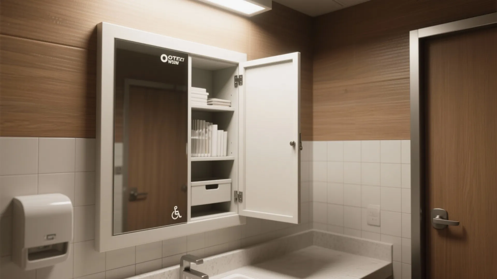Open white wall cabinet in bathroom showing towels, small boxes, wood walls, and white tiles