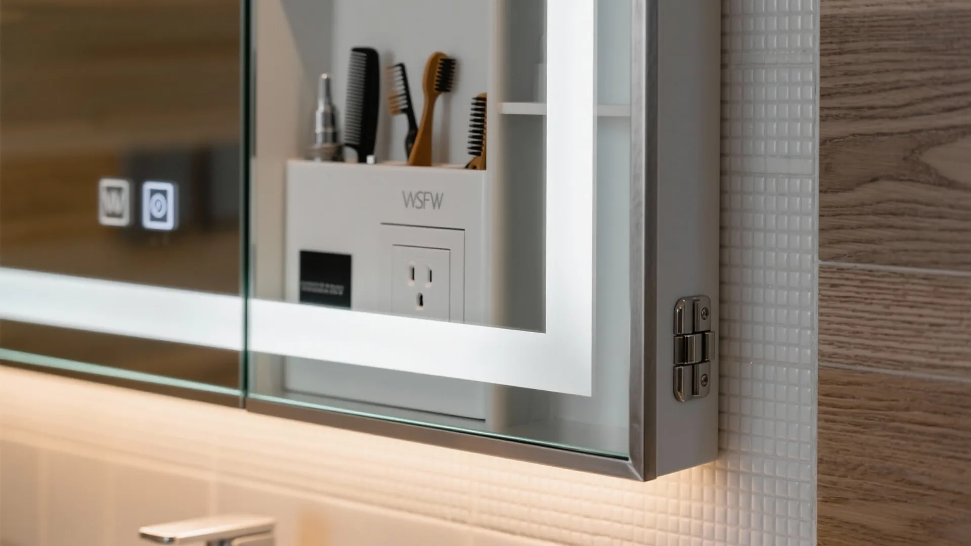1) Minimal, medicine-cabinet-led storage walls