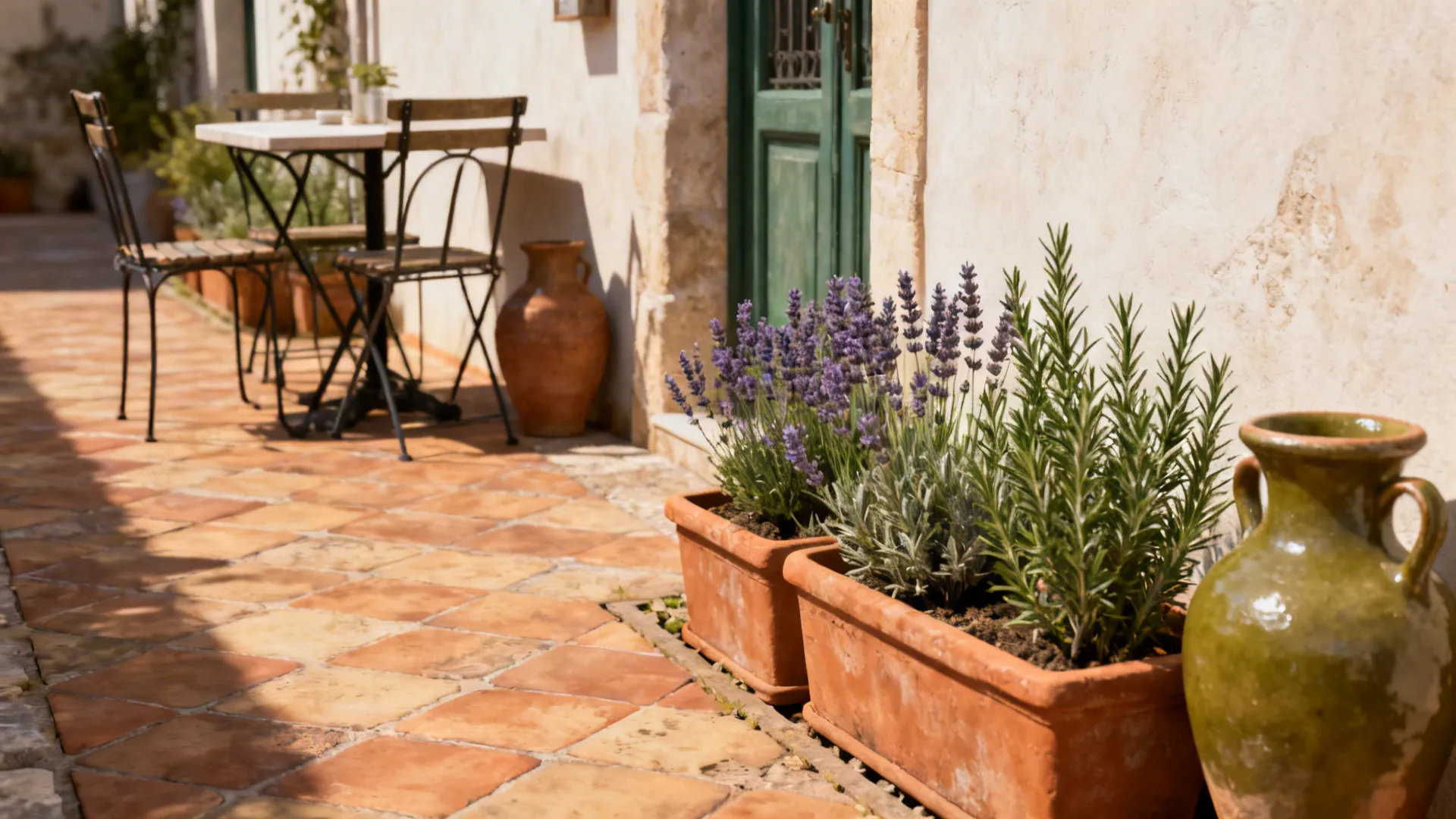 Narrow Mediterranean courtyard with terracotta pots, herbs and a bistro set