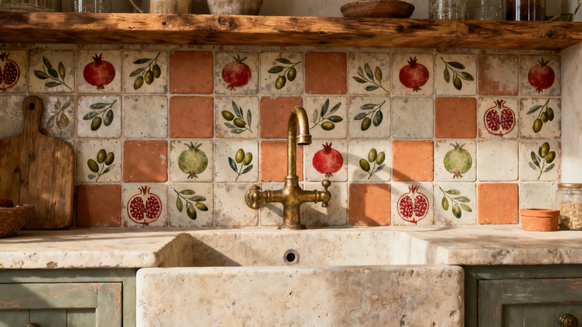 Muted pomegranate and olive motif tiles paired with terracotta and an aged brass faucet.