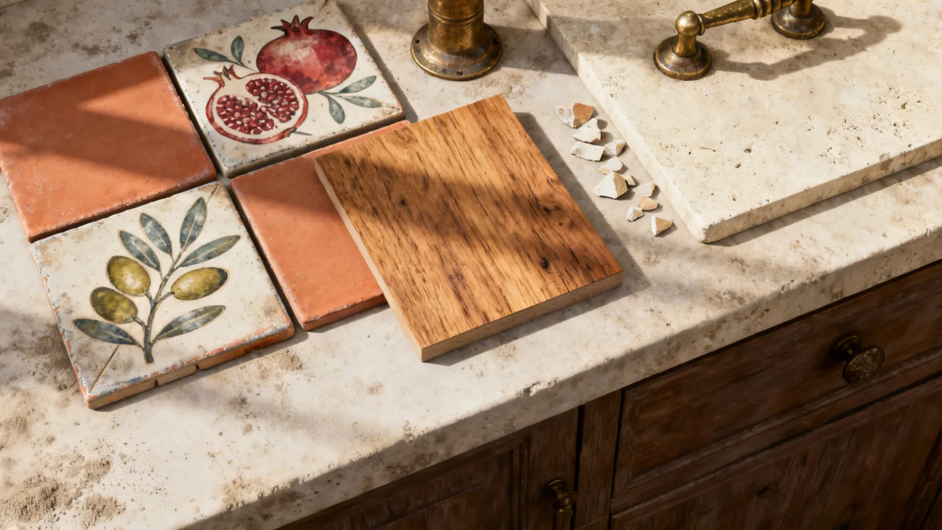Top-down palette with muted fruit tiles, terracotta, oak, brass, and limestone samples.