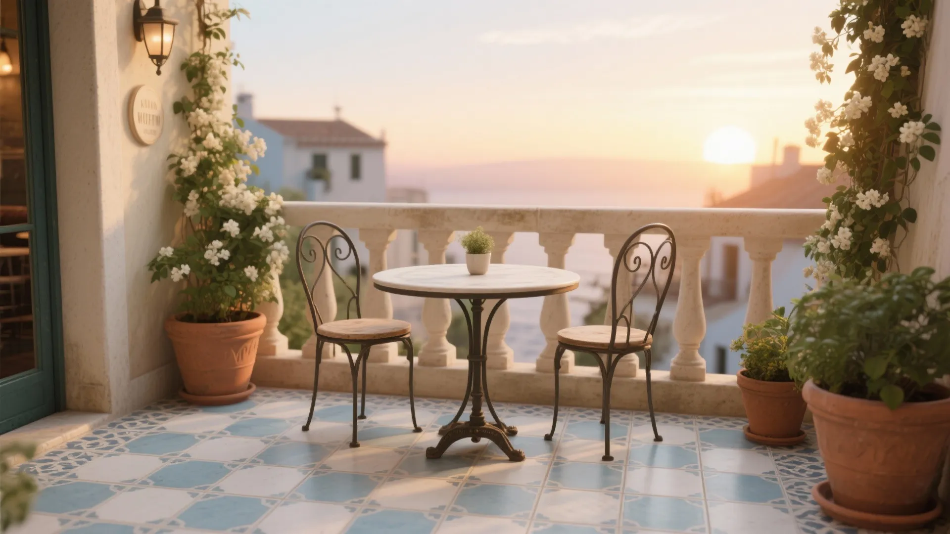 Patterned cement‑look tiles that add Mediterranean charm