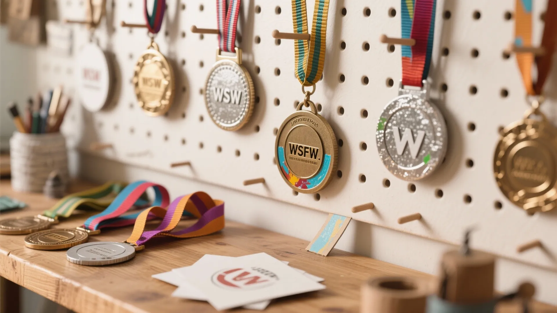 Gold and silver award medals hanging on a white pegboard above a wooden desk surface