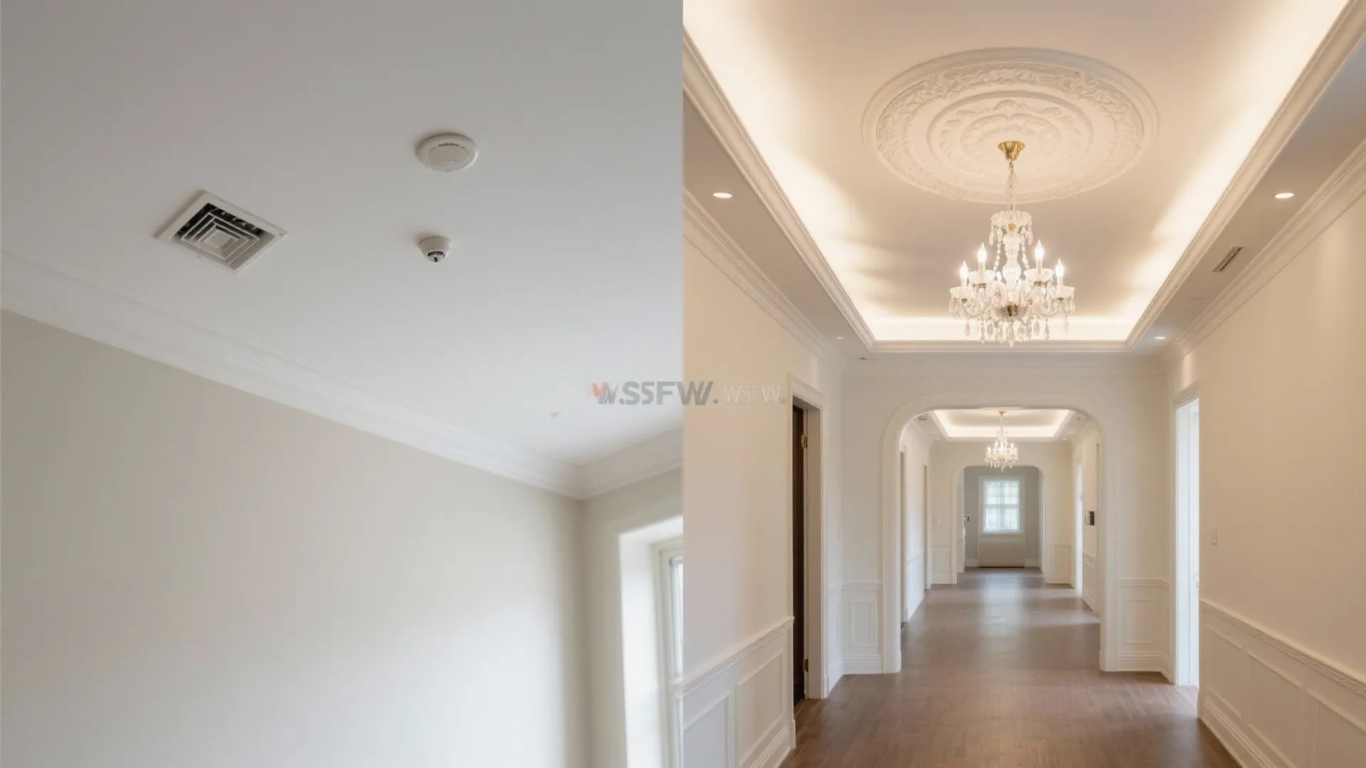 Before-and-after of a hall ceiling showing upgrade to a subtle gypsum medallion with clean perimeter drop.