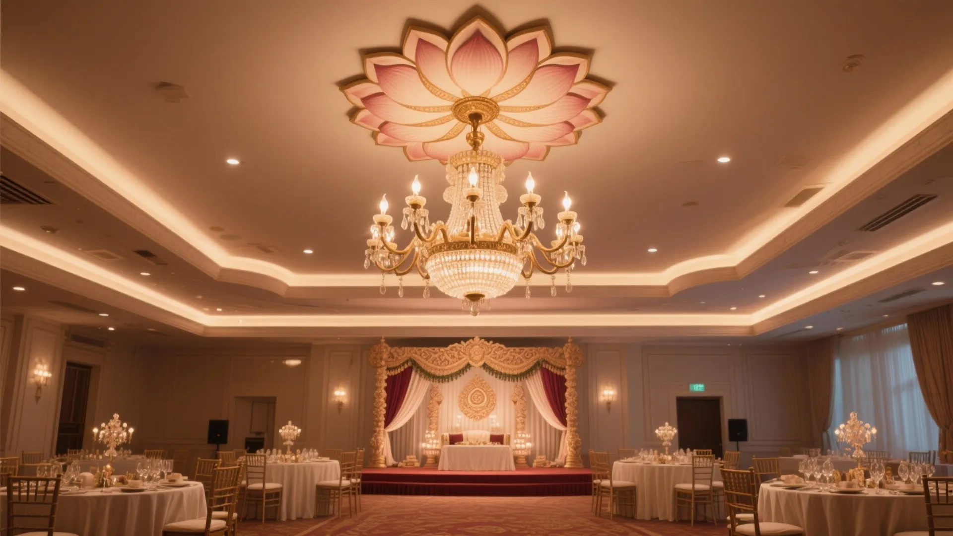 Central chandelier with ornate lotus medallion aligning the wedding stage below.