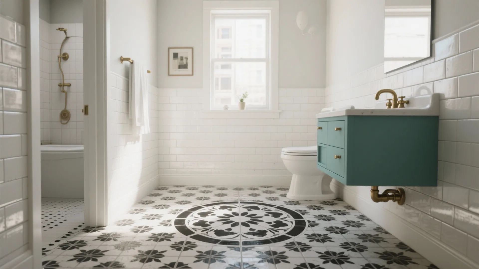 5. Pattern Mix: Medallion Floor with Simple Wall Tile