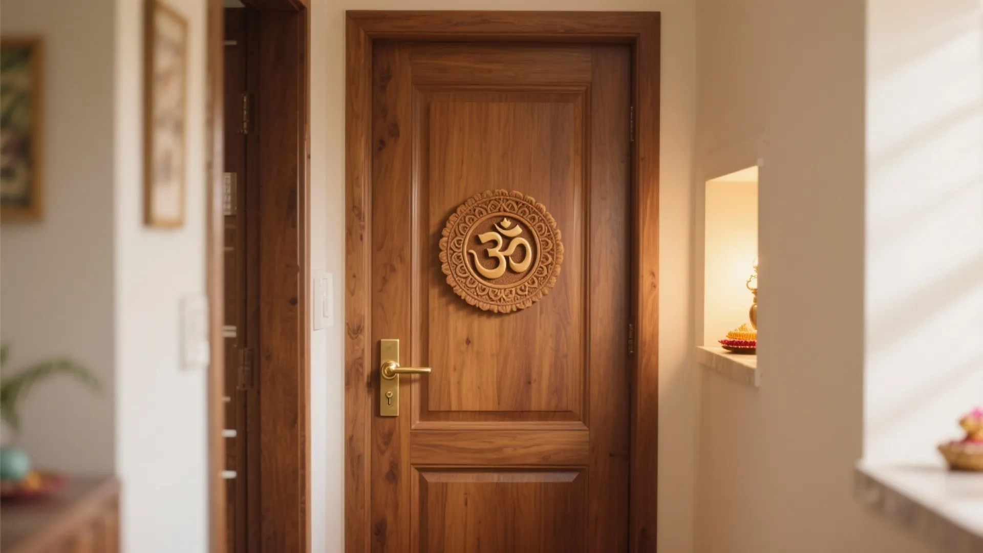 Solid wood door with round carved symbol decoration and gold handle in a brightly lit hallway
