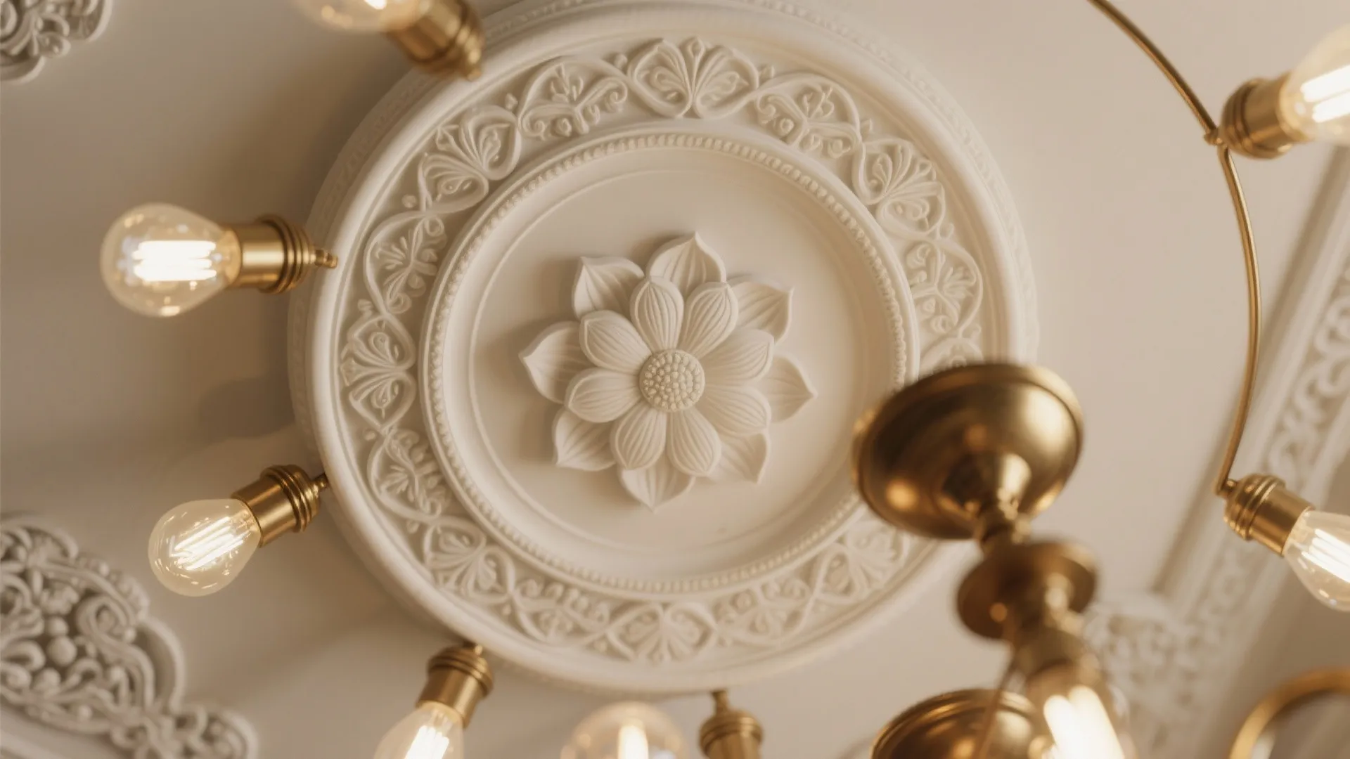 Macro detail of a lotus-pattern ceiling medallion and brass chandelier fitting.