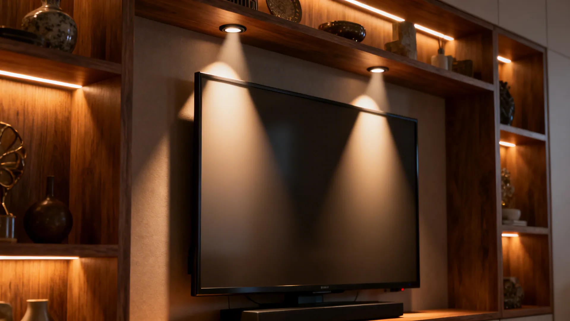 Media wall with narrow-beam recessed accent lights highlighting shelving and avoiding TV glare.