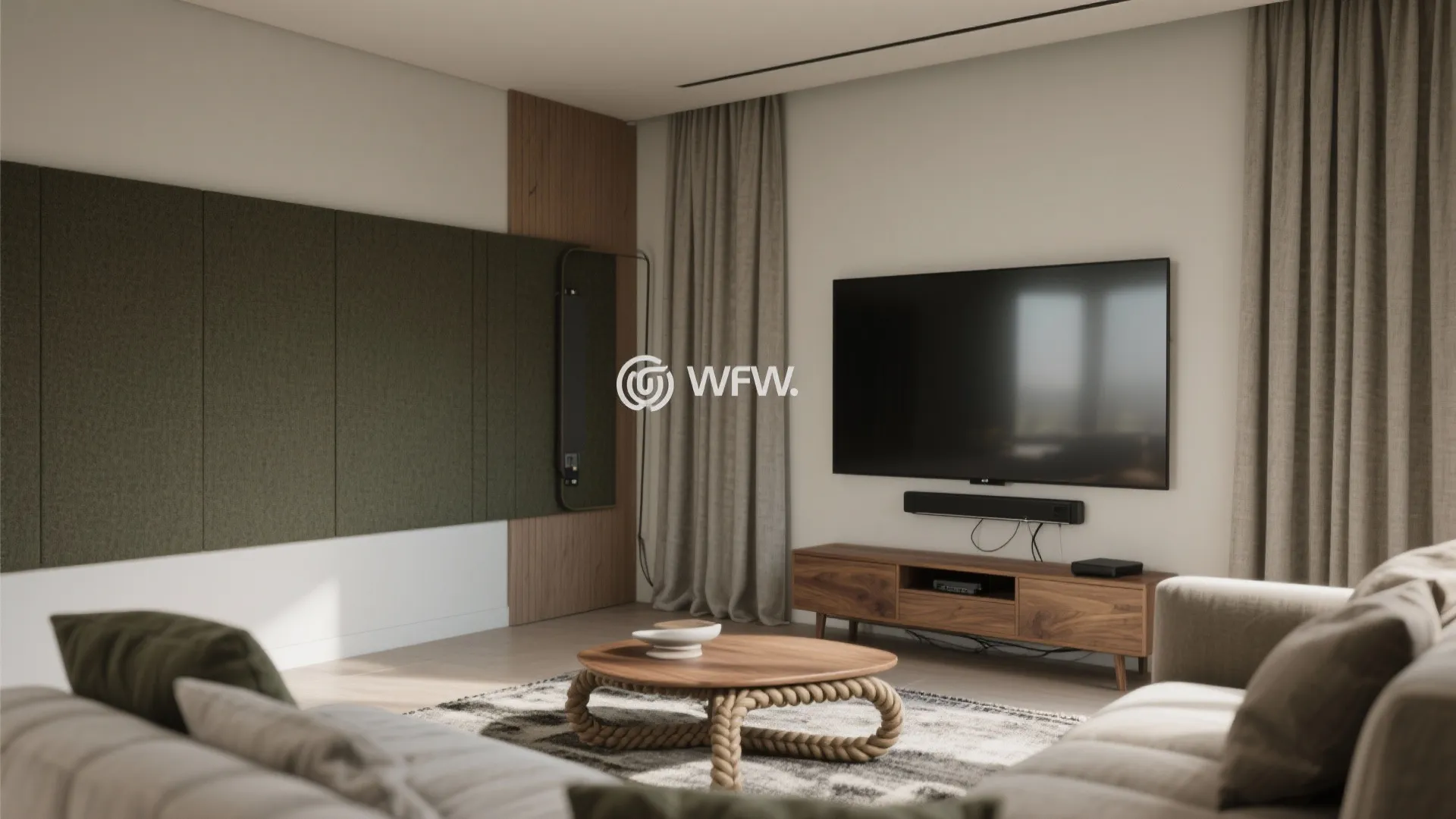 Modern living room featuring a large television screen wooden cabinet green wall panel and round table