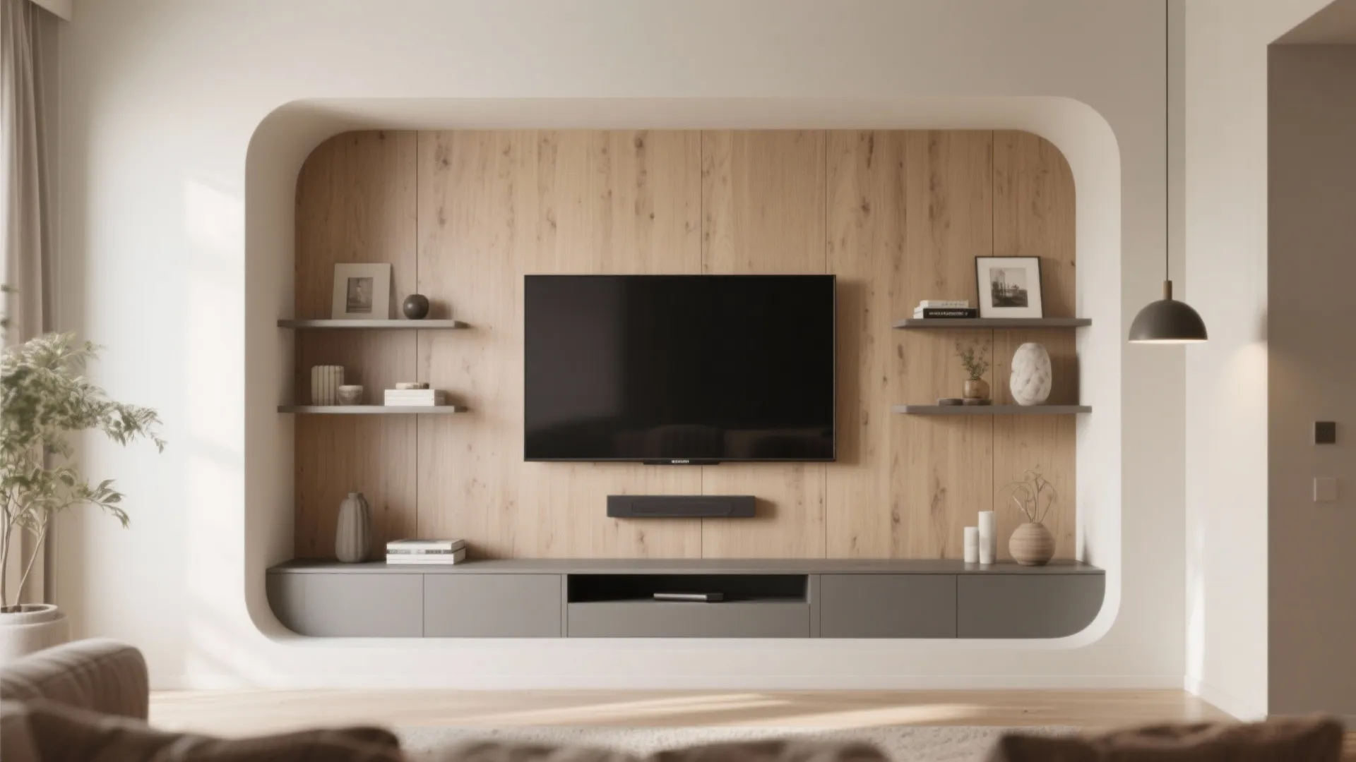 Shallow media alcove with a TV and floating shelves creating a neat cozy nook in a small living room.