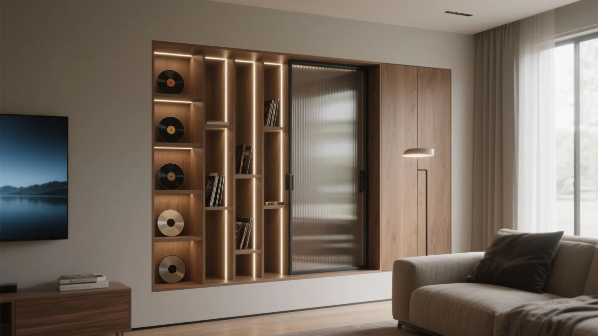 5. Built-in media alcove or sliding-panel wall
