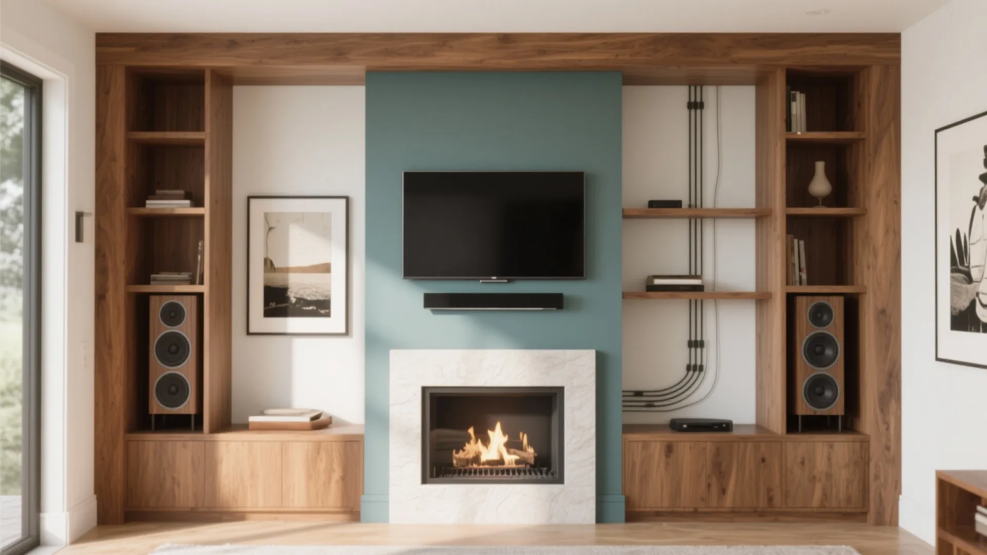 2. Create a media alcove around the fireplace