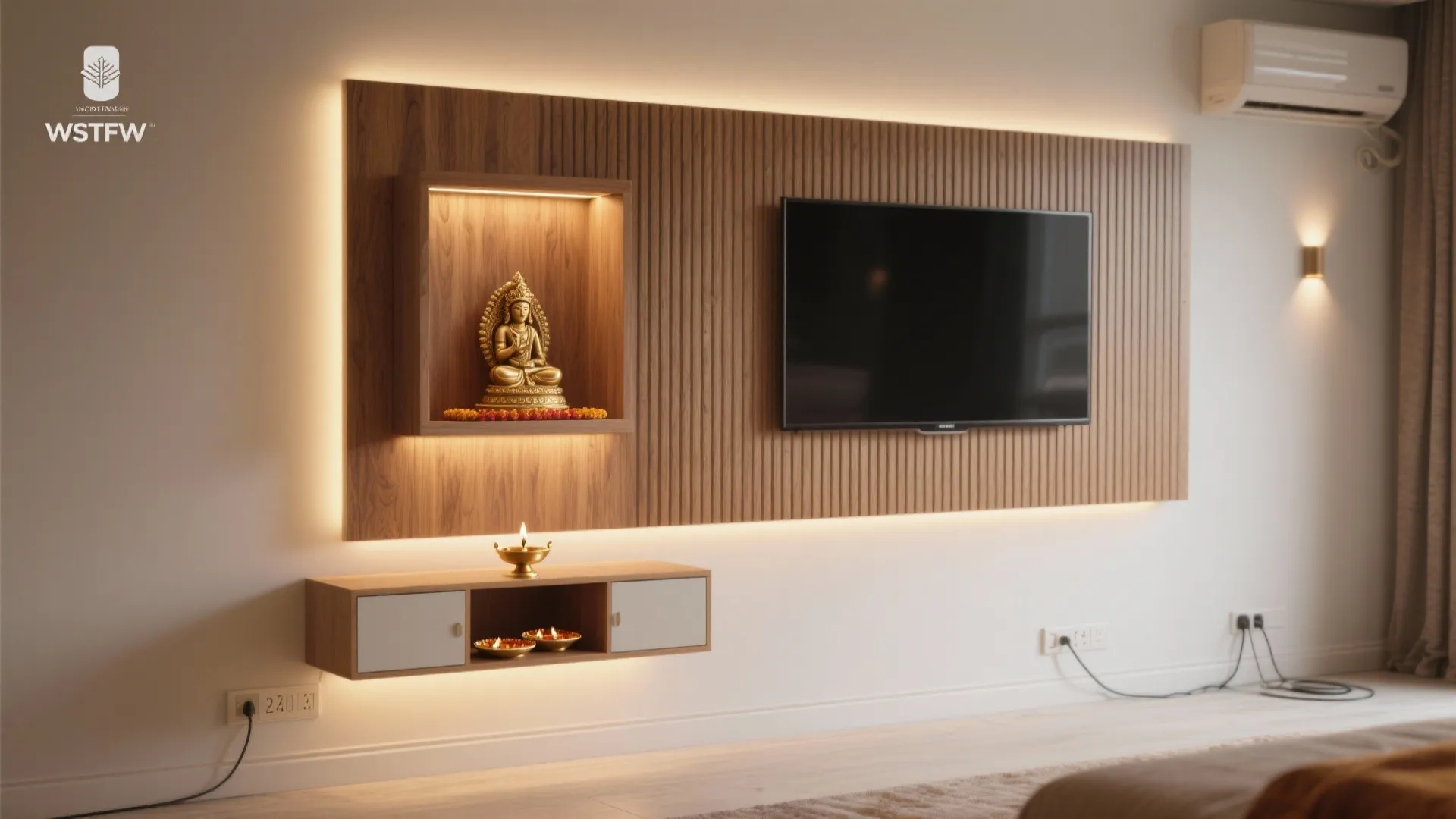 Modern wood wall panel with television and small gold statue shelf in a warm living room