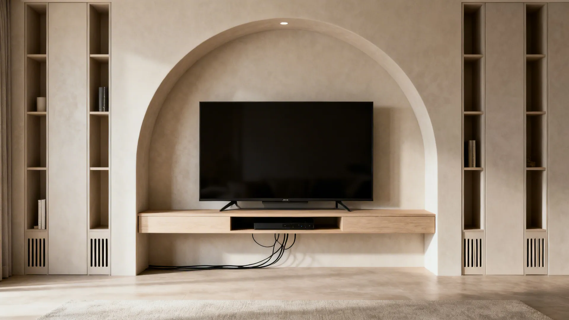Modern living room wall featuring a television inside a large arch and wooden shelf units