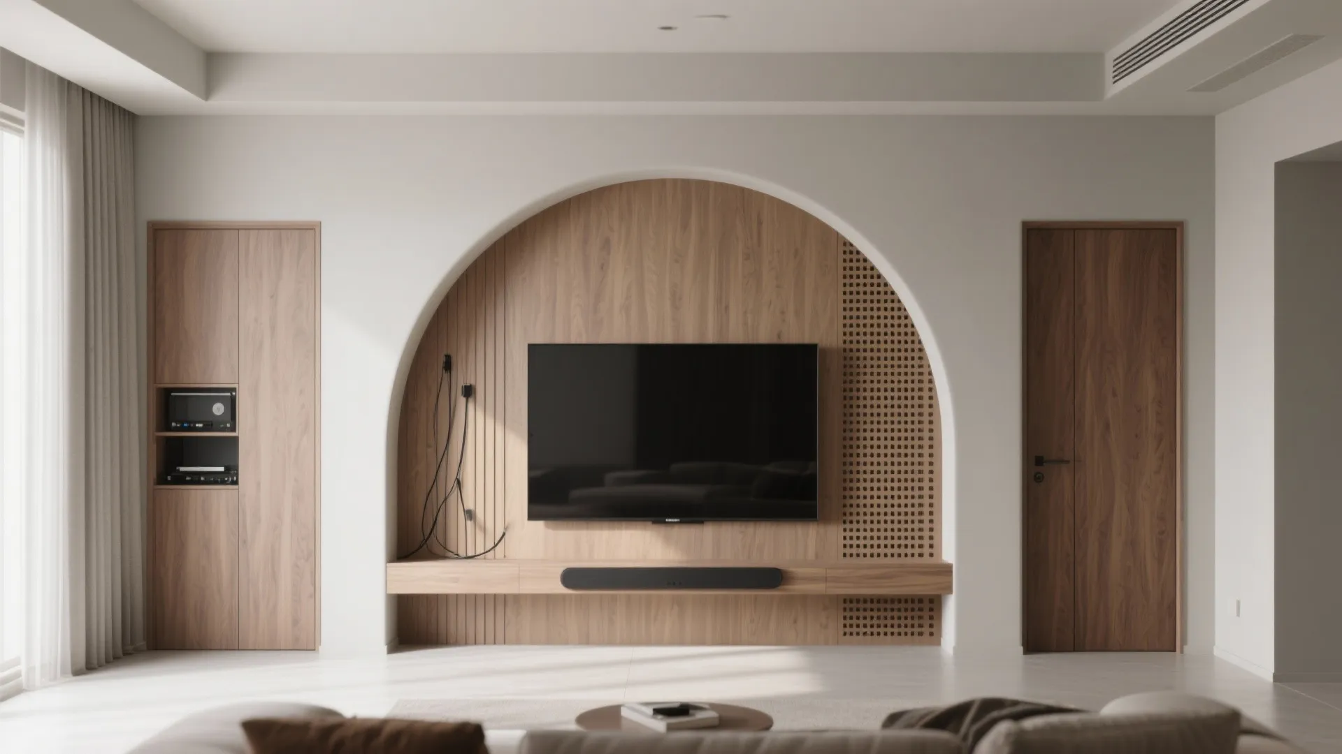3) Arched Wood Media Wall and TV Portal