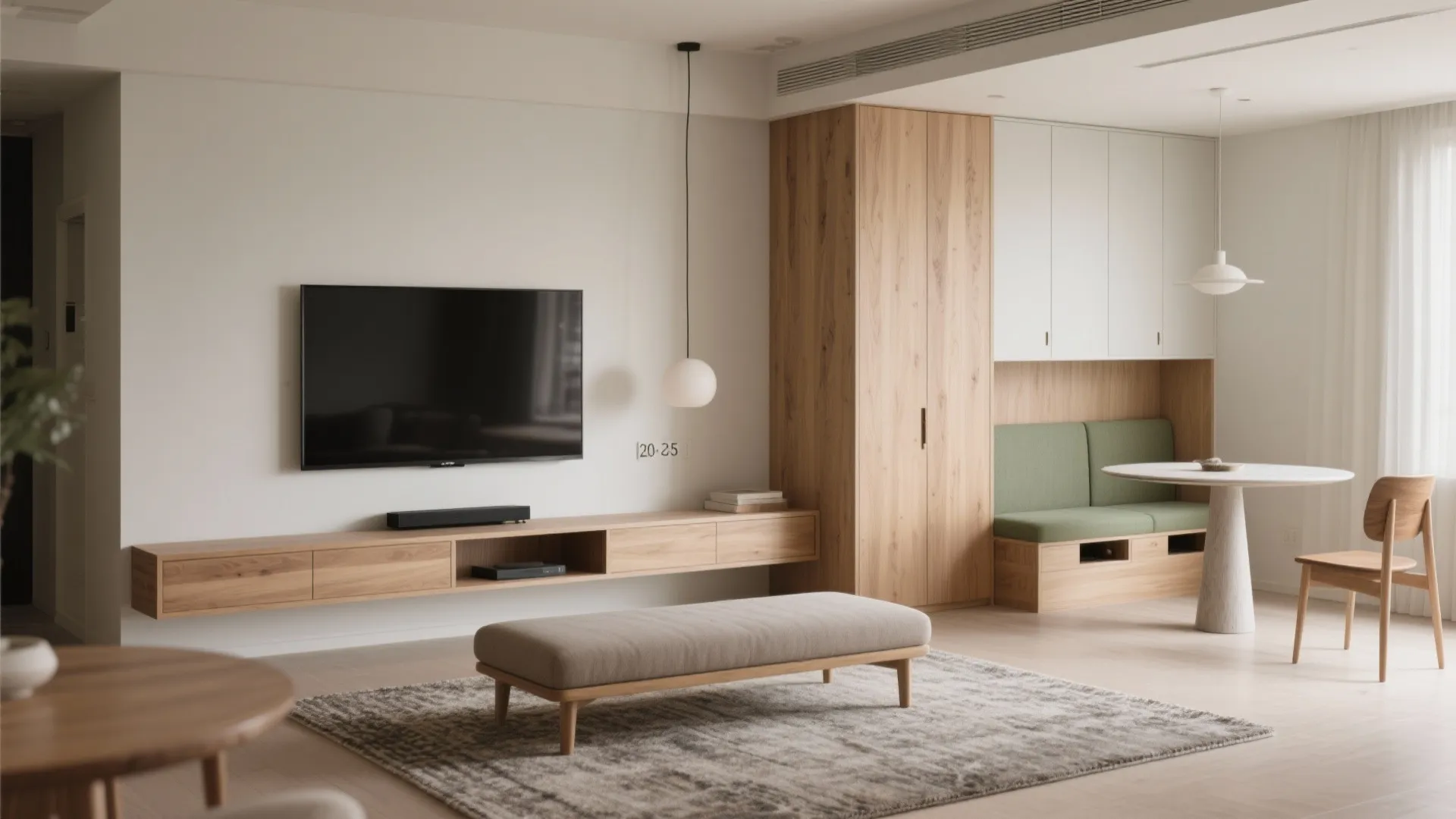 Slim Media Wall + Banquette Dining