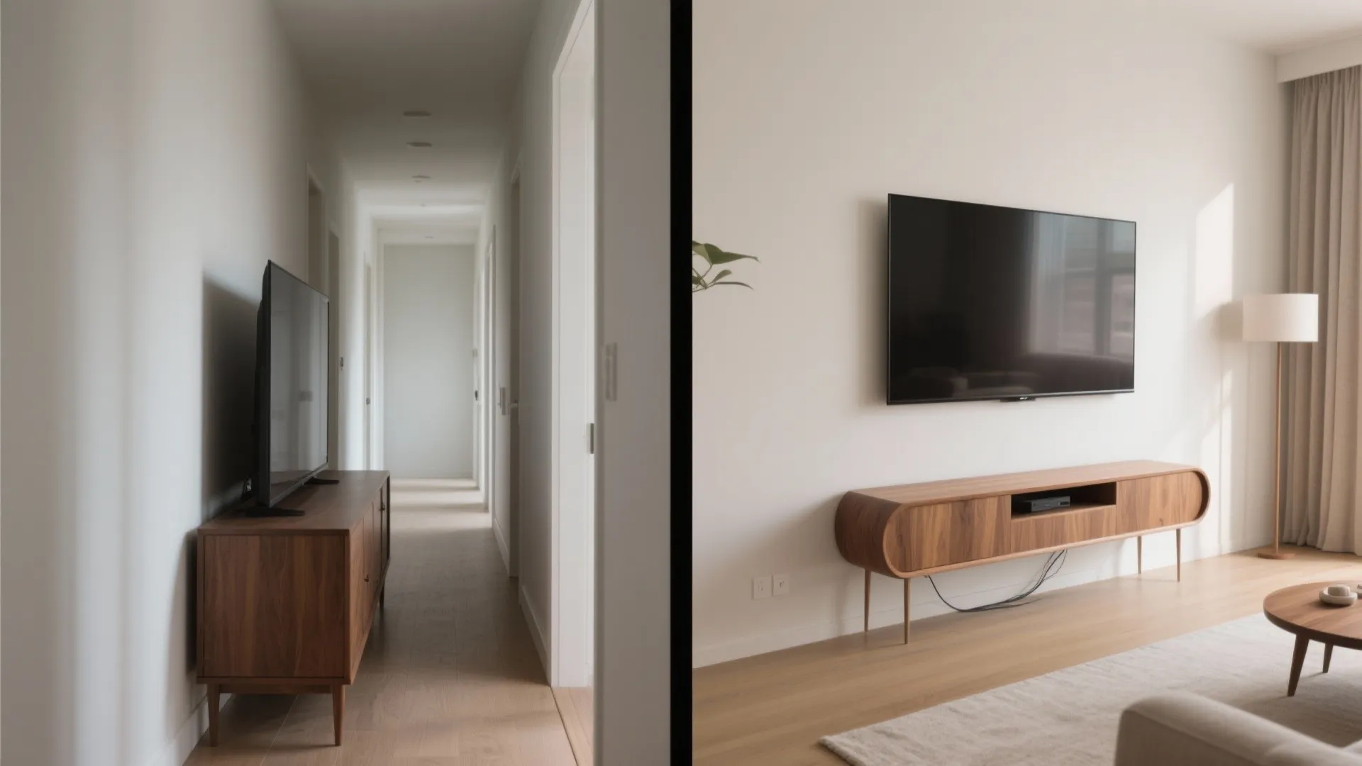2) Wall-mounted media and a slim console to reclaim floor space