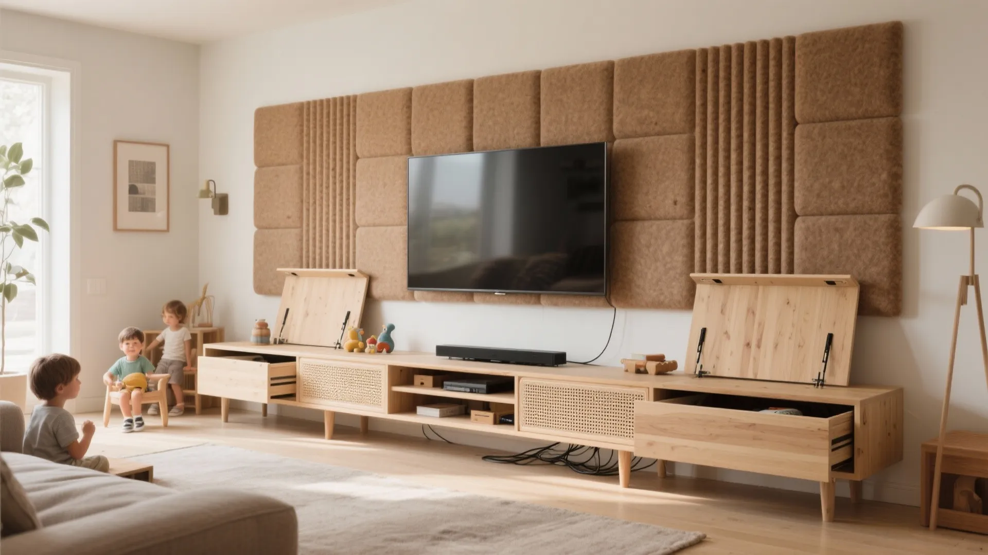 Low media bench with hidden storage and acoustic felt TV wall in a small living room.