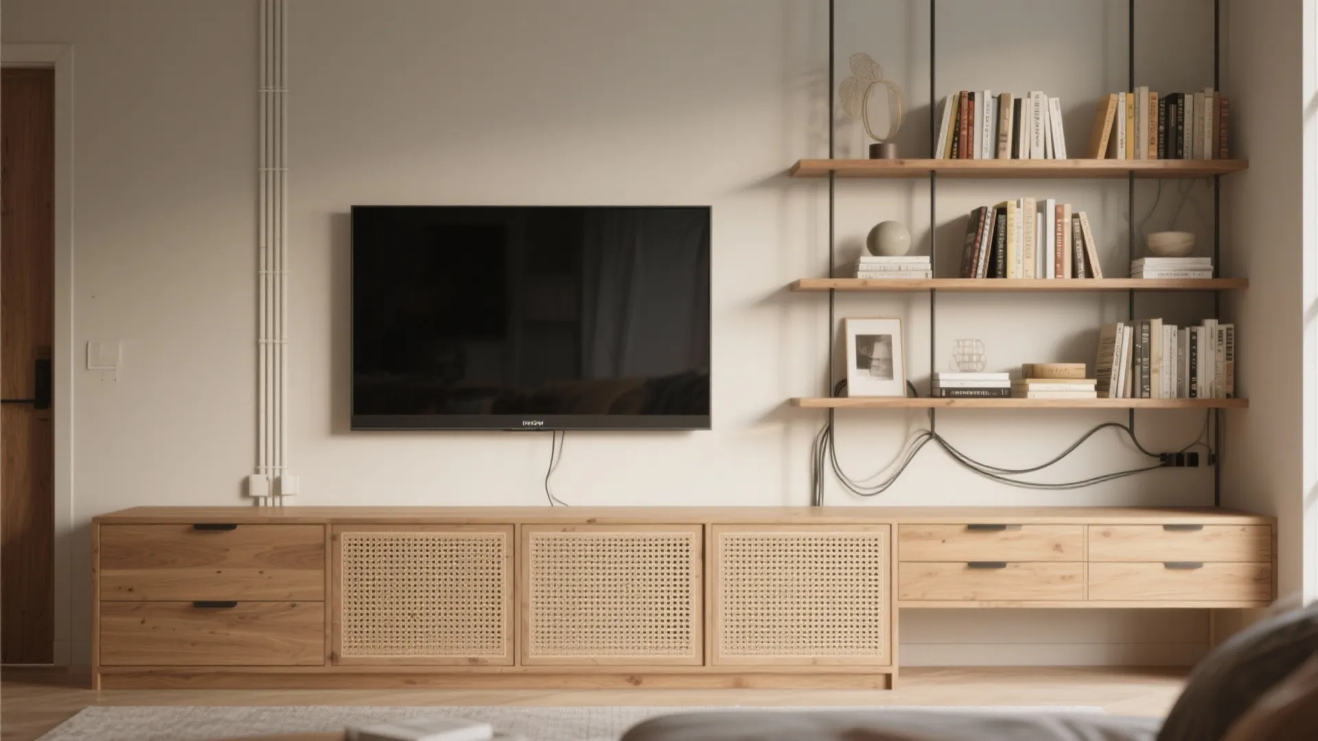Modern living room featuring a wooden television cabinet and open wall shelves with many books