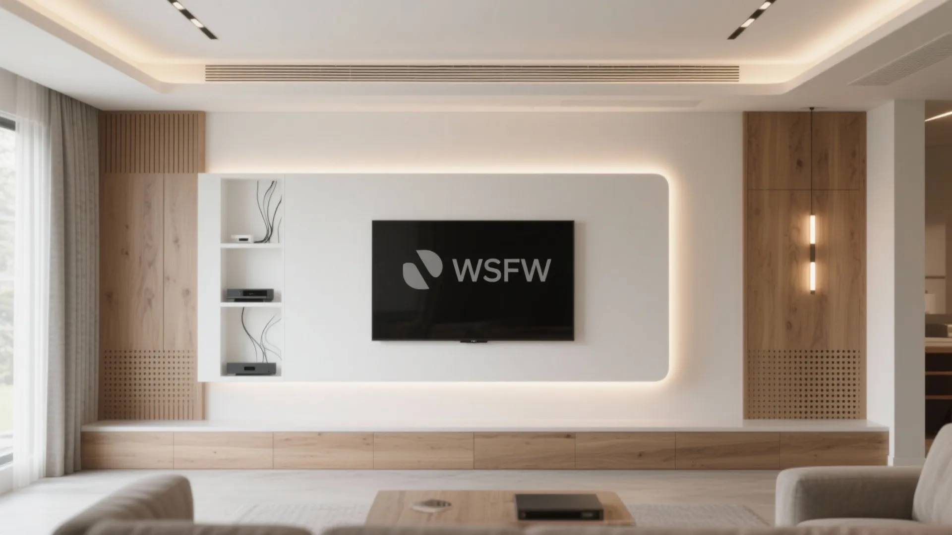Modern living room featuring white wall mounted television panel with backlights and wooden wall cabinets