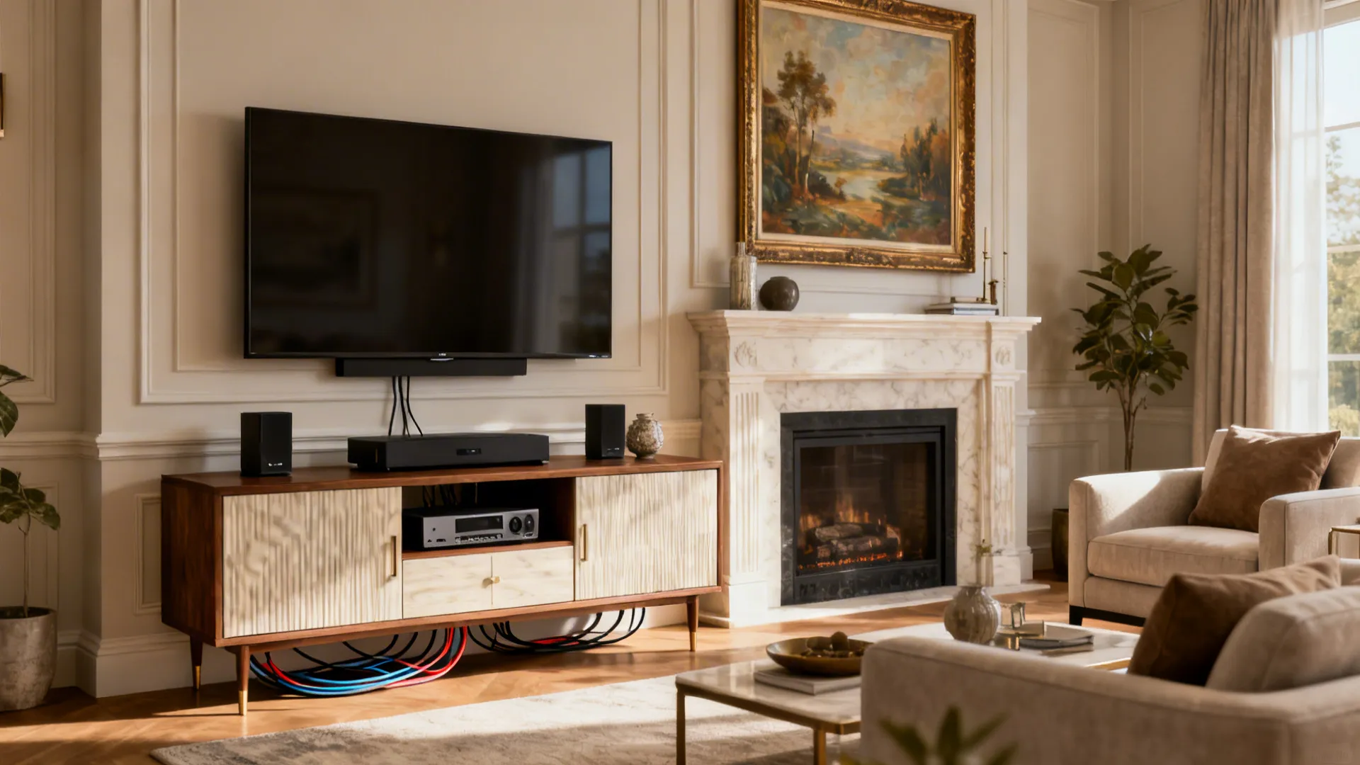 Living room with a low media cabinet and statement artwork above the fireplace, TV equipment stored below.